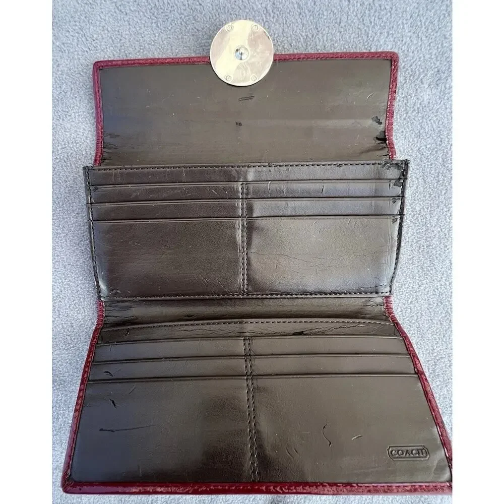 Coach Alexandra Signature C Jacquard Wallet Tan Burgundy Long Snap Closure